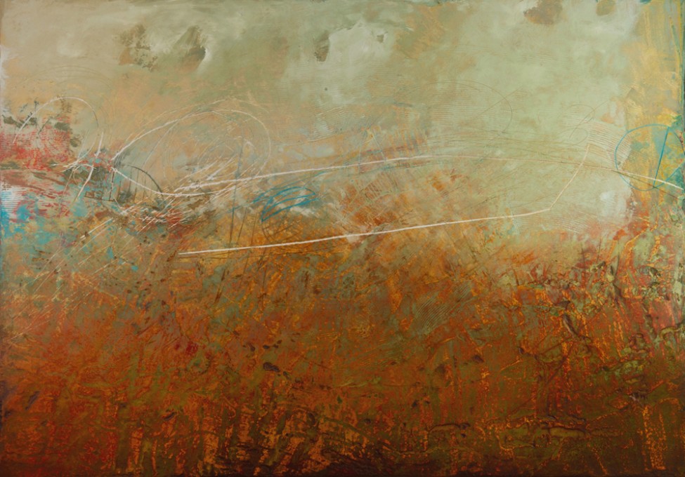 Out Of The Rain<br>42″ x 60″, Plaster/Cement, Acrylic, Oil & Wax on Board.