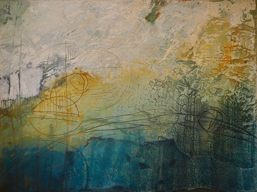 Fog On The Water<br>36" x 48", Mixed Medium: Plaster/Cement, Acrylic, Oil & Wax on Board